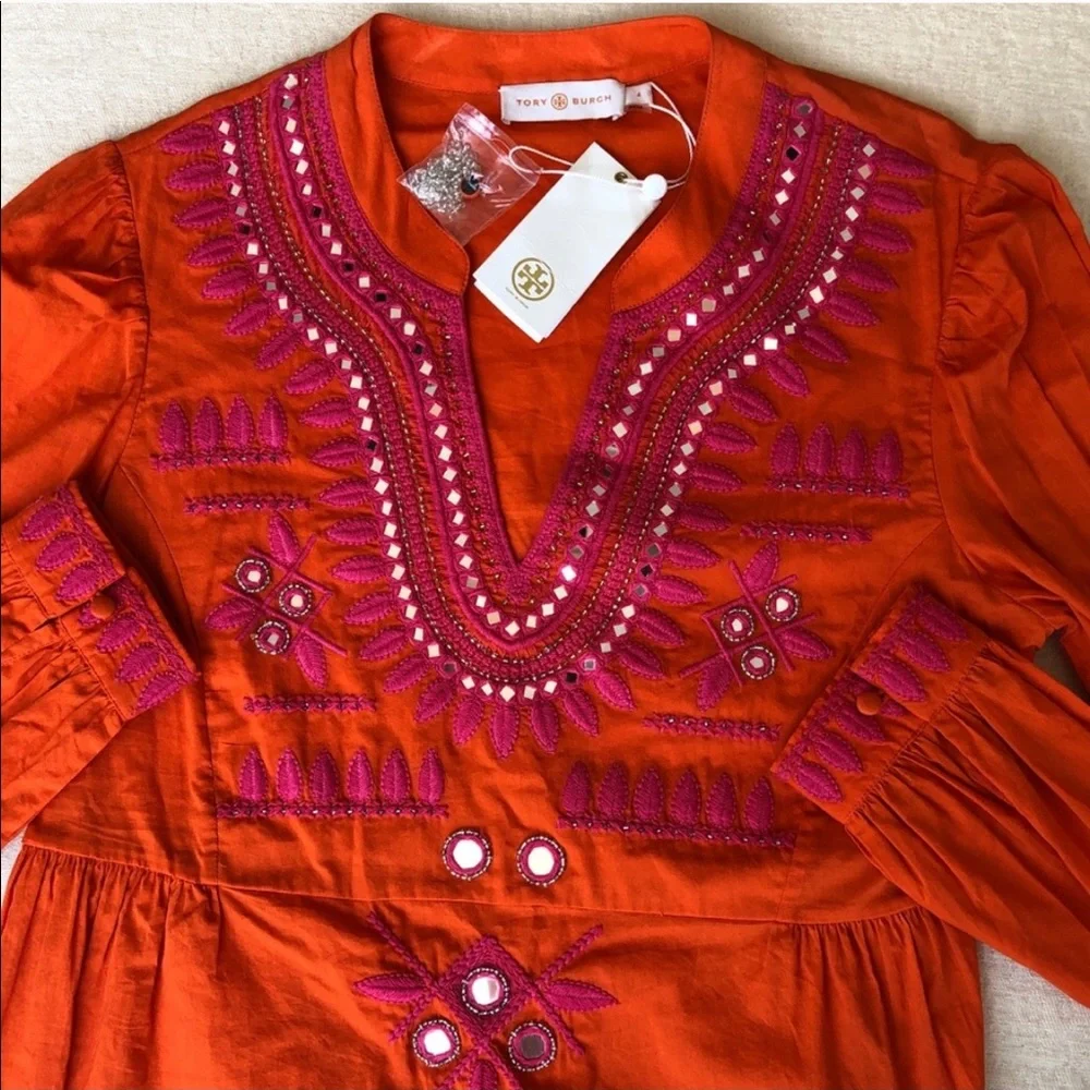 TORY BURCH boho cotton embroidered baby doll long sleeve top orange size 4